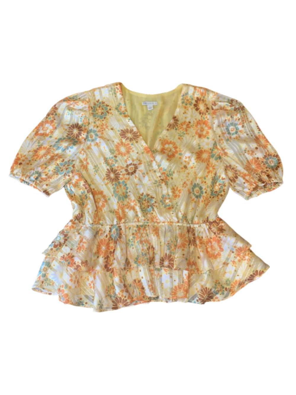 Cato Top Large Yellow Orange Floral 60’s V-neck Elastic waist Shortsleeved